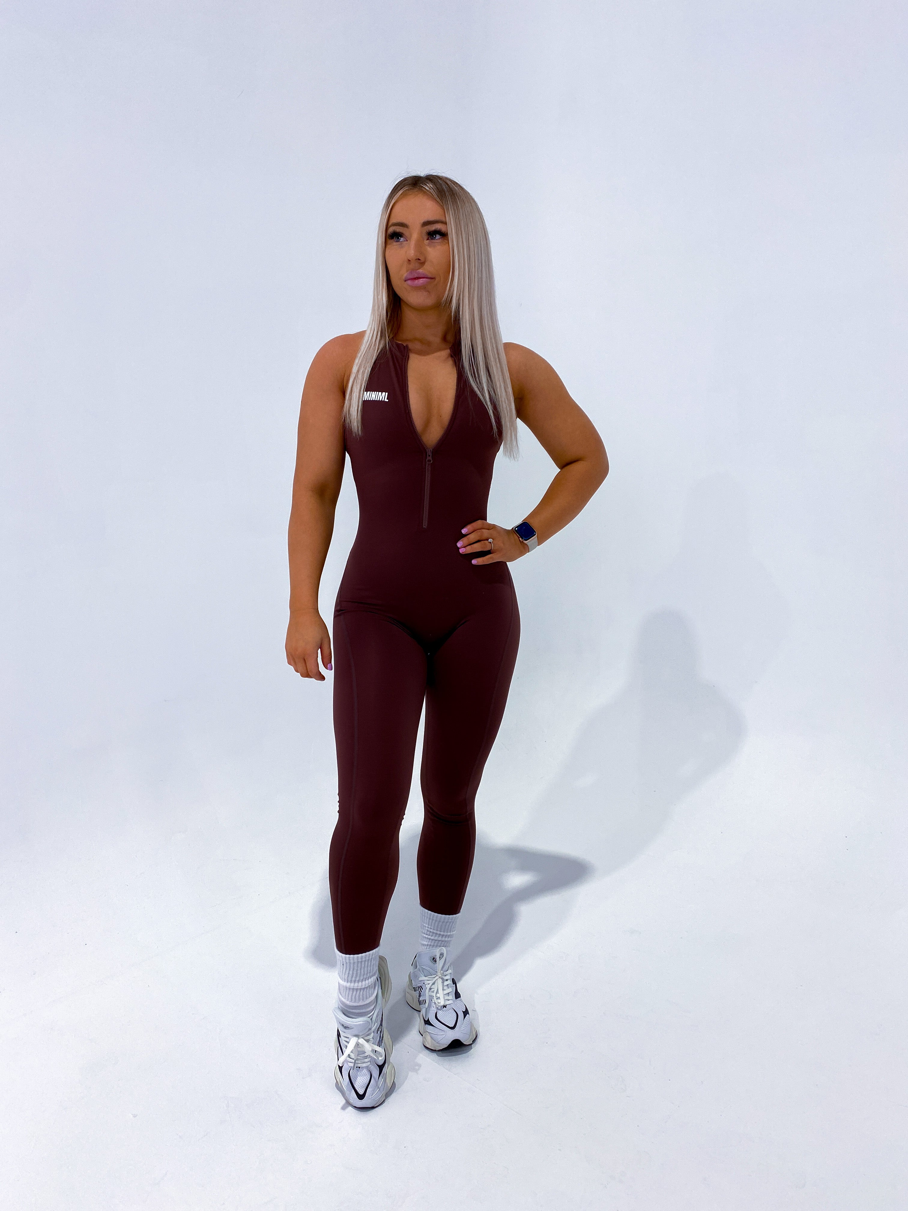 Long Chocolate Zip Scrunch Jumpsuit